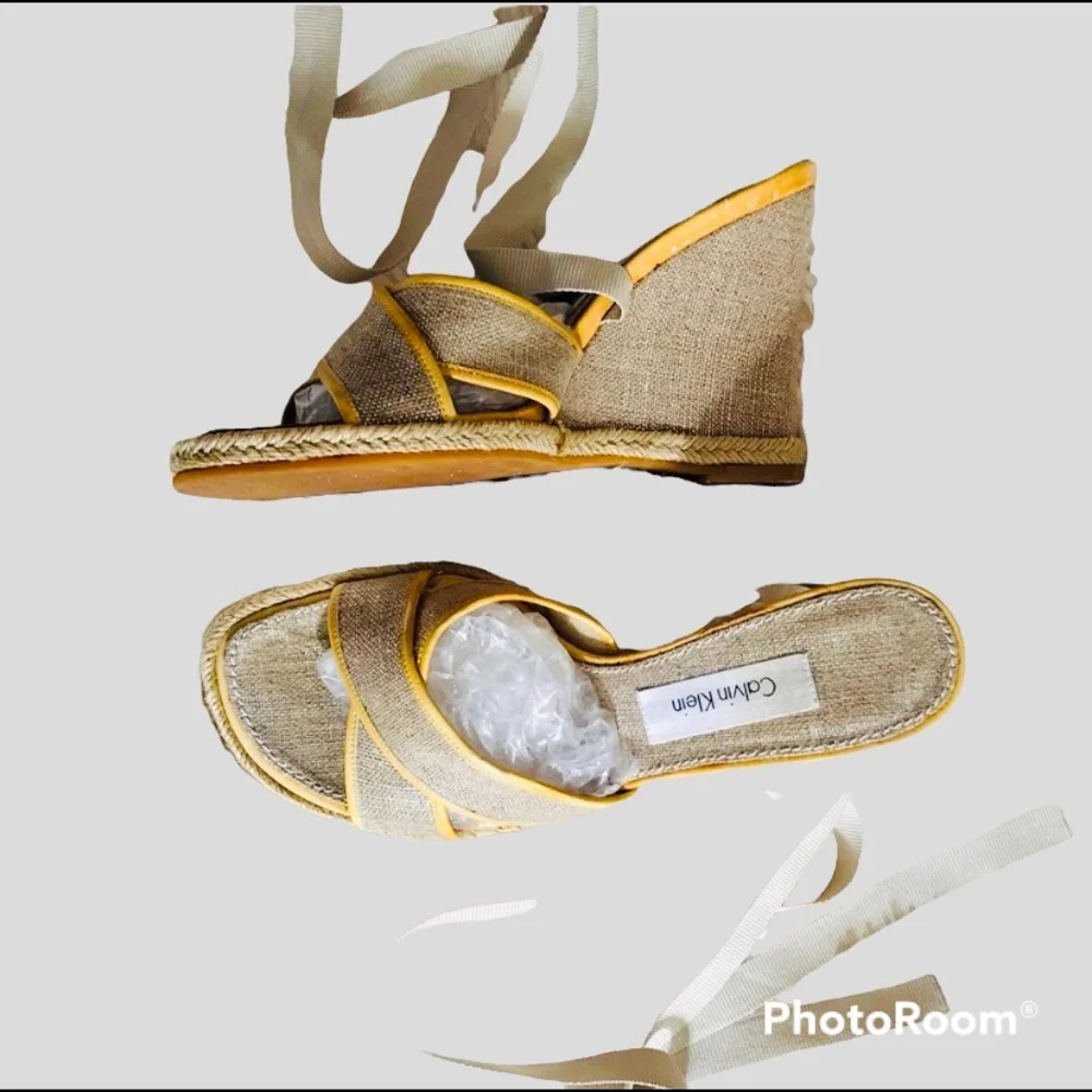 Calvin Klein Sandals Wrap Gladiator Wedge Platform Espadrille Tan Sz 6.5 Boho